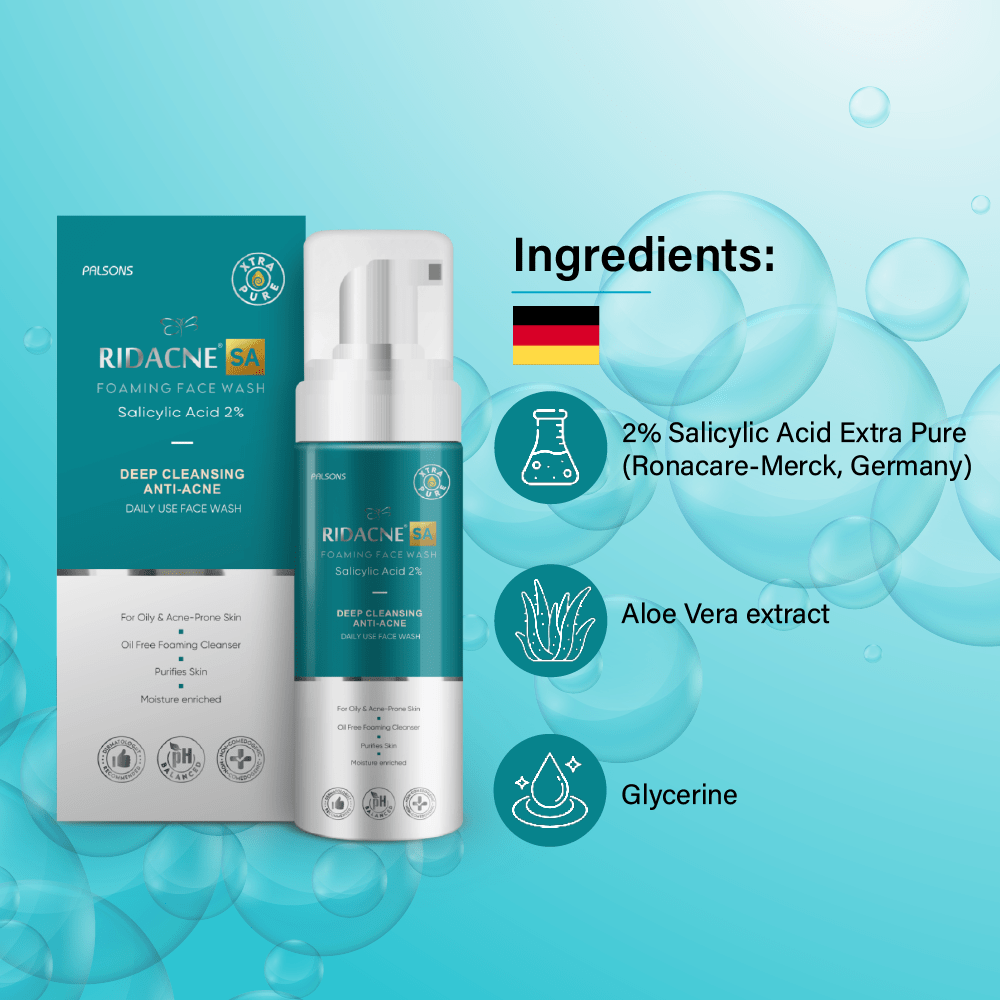 Ridacne SA Foaming Face Wash-Salicylic Acid 2% For Moderate And Severe Acne , Deep Cleansing Anti-Acne Daily Use Face-Wash |Moisture Enriched Formula|For Oily And Acne Prone Skin|Oil Free Foaming Cleanser, 100 ML