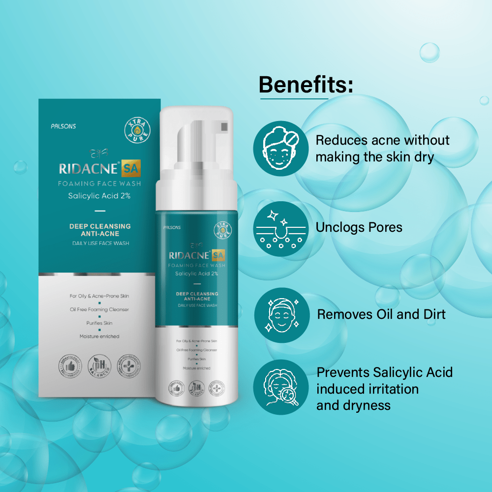 Ridacne SA Foaming Face Wash-Salicylic Acid 2% For Moderate And Severe Acne , Deep Cleansing Anti-Acne Daily Use Face-Wash |Moisture Enriched Formula|For Oily And Acne Prone Skin|Oil Free Foaming Cleanser, 100 ML