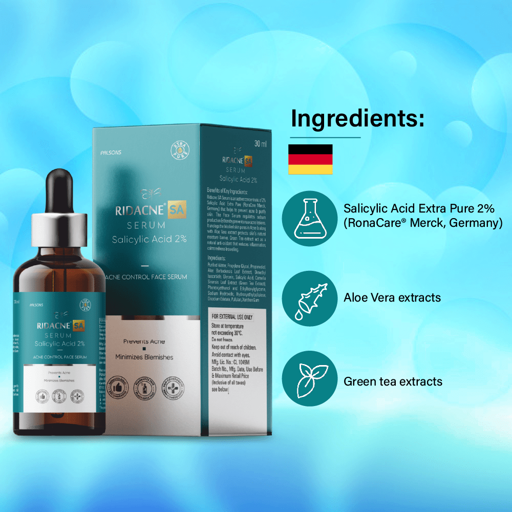 Ridacne SA Serum-Salicylic Acid 2% Acne Control Face Serum | Reduces Blackheads And Whiteheads | Minimizes Blemishes | Prevents Acne, 30 ML