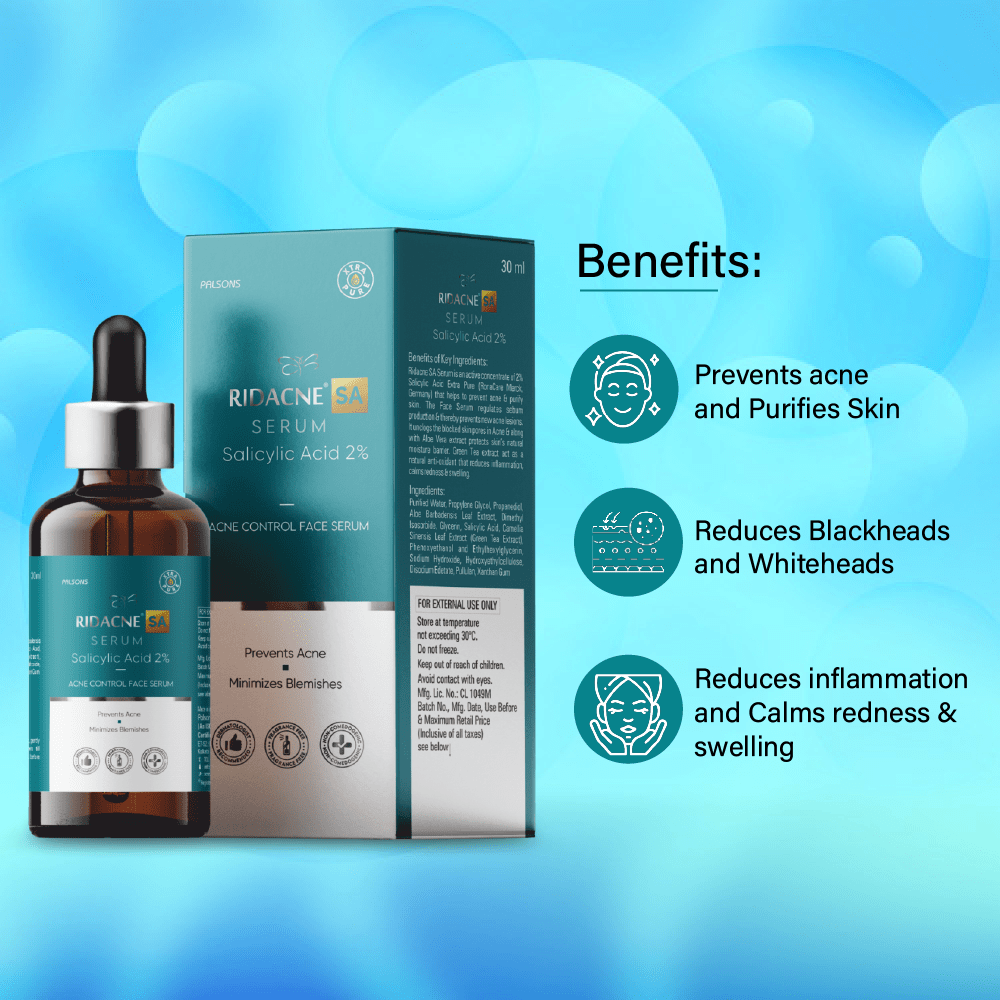 Ridacne SA Serum-Salicylic Acid 2% Acne Control Face Serum | Reduces Blackheads And Whiteheads | Minimizes Blemishes | Prevents Acne, 30 ML