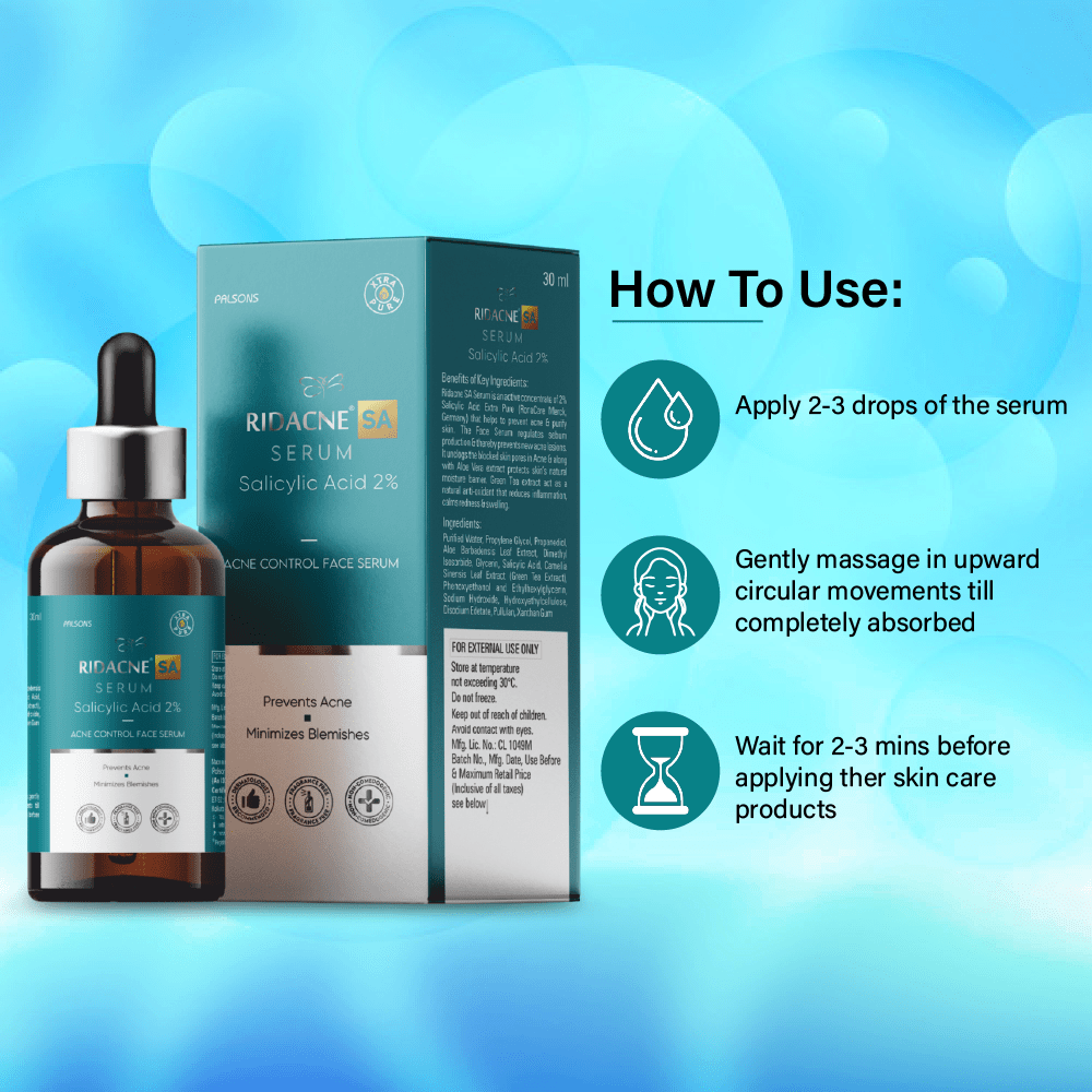 Ridacne SA Serum-Salicylic Acid 2% Acne Control Face Serum | Reduces Blackheads And Whiteheads | Minimizes Blemishes | Prevents Acne, 30 ML